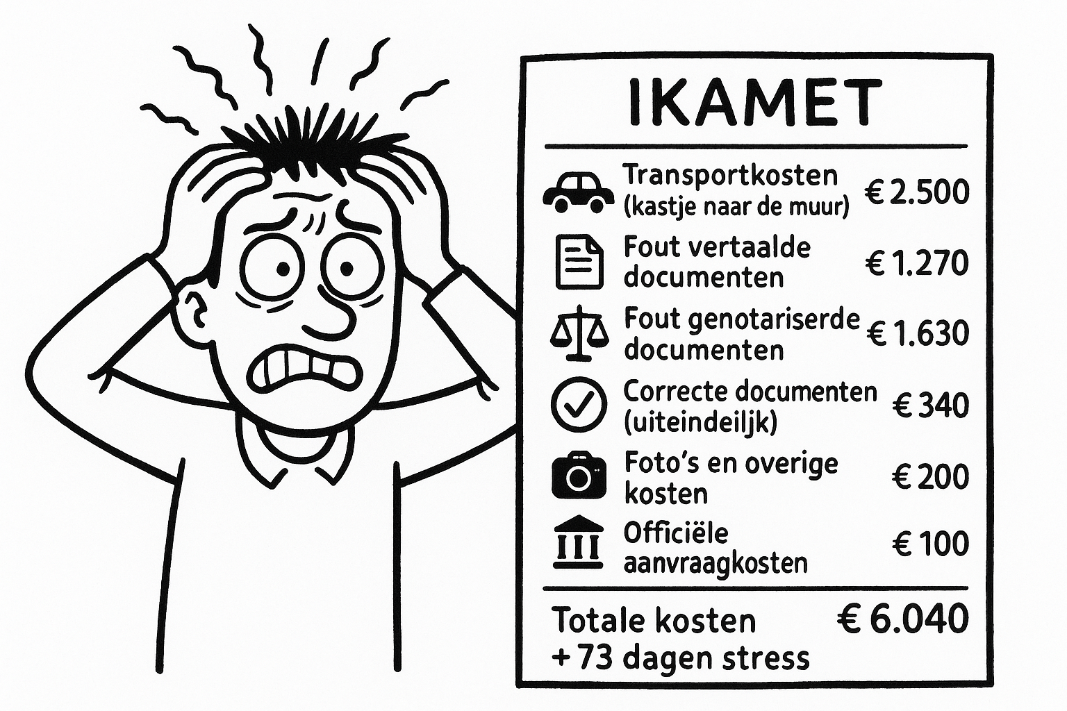 Bennet's IKAMET kosten illustratie - €6.040 totaal + 73 dagen stress